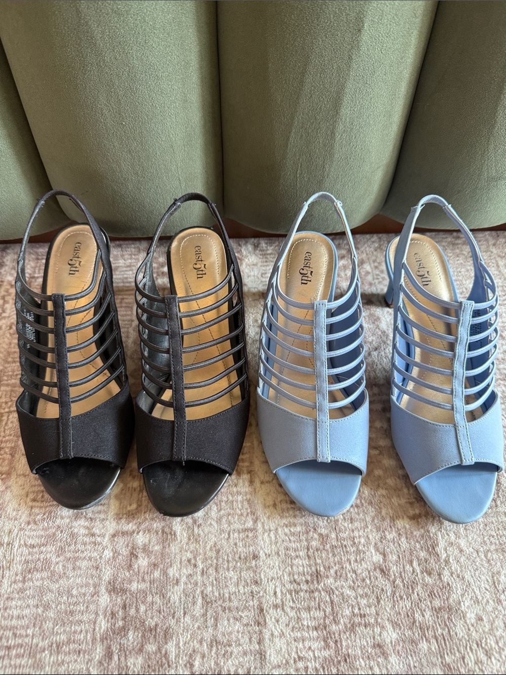 East 5th Strappy Peep-Toe Slingback Heels in Black and Light Blue